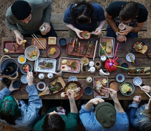 Six friends eating asian food