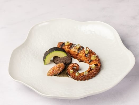 A single grilled octopus tentacle artfully arranged on a modern, wavy white plate with slices of avocado.