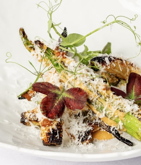 a white plate of food with vegetables and cheese