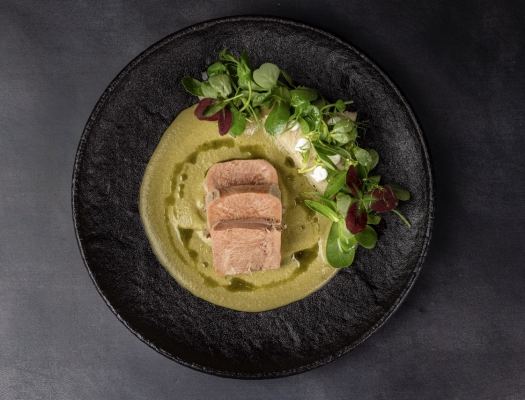 An overhead shot of a dish with seared tuna slices arranged in a vibrant green sauce with a fresh side salad.