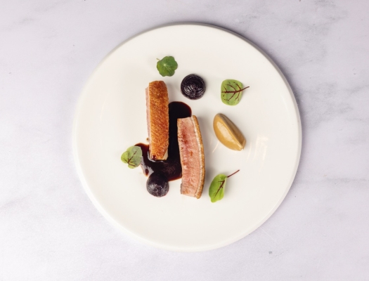 An overhead shot of a dish with seared tuna slices arranged in a vibrant green sauce