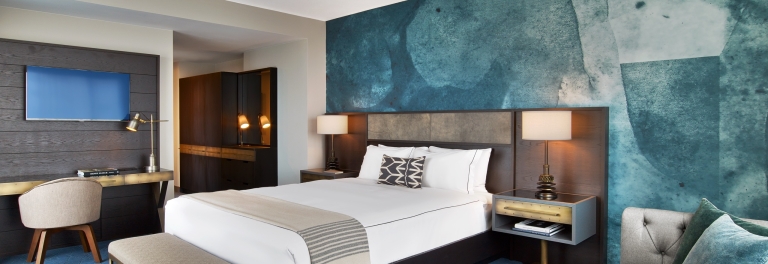 King guest room with downtown skyline view at Hotel Van Zandt, Austin